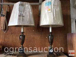 2 Metal based candlestick table lamps, new shades, 27"h