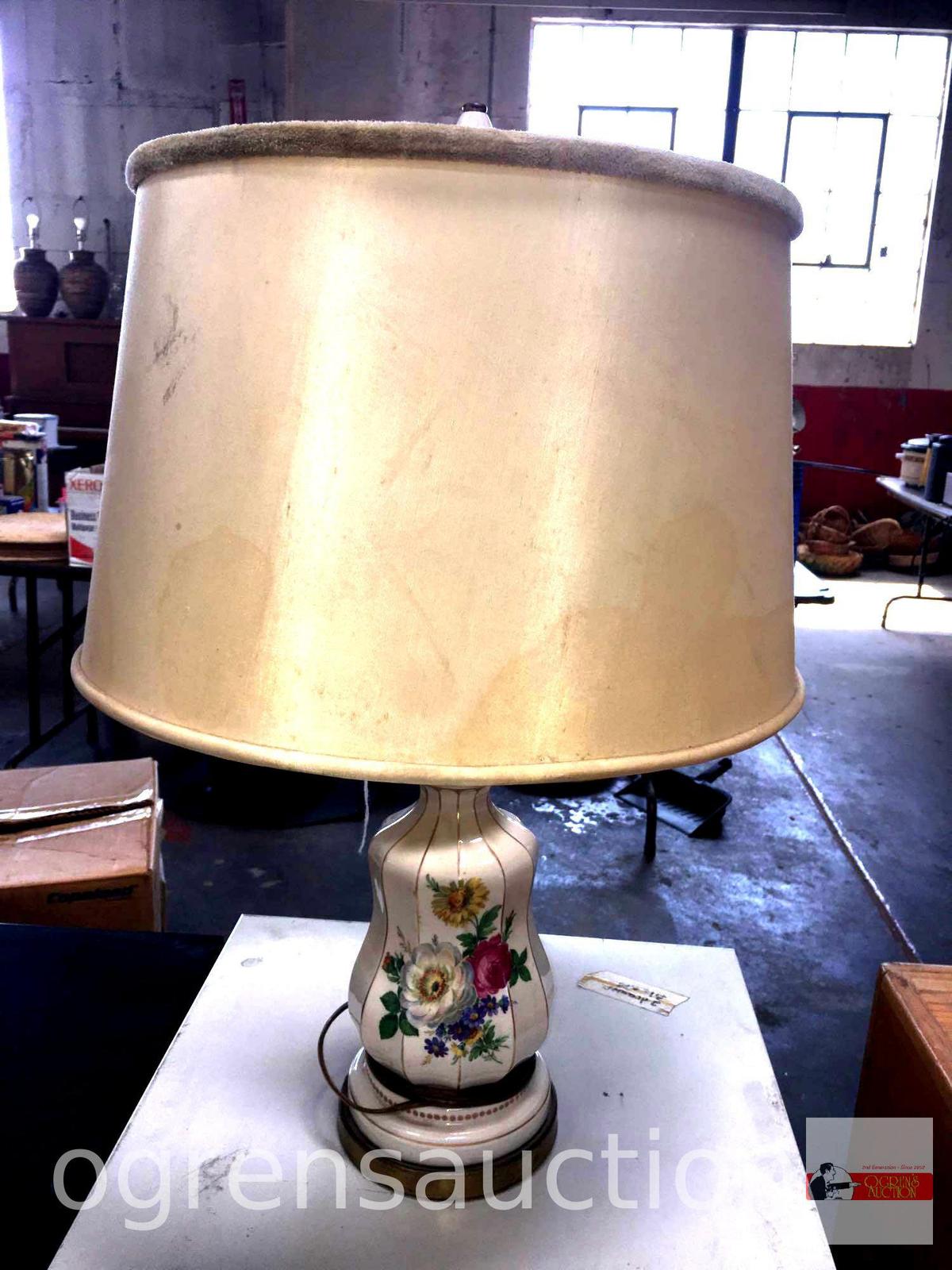 Lighting - Table lamp - Vintage porcelain floral based lamp, 26"hx6"w base, 16"w drum shade, double