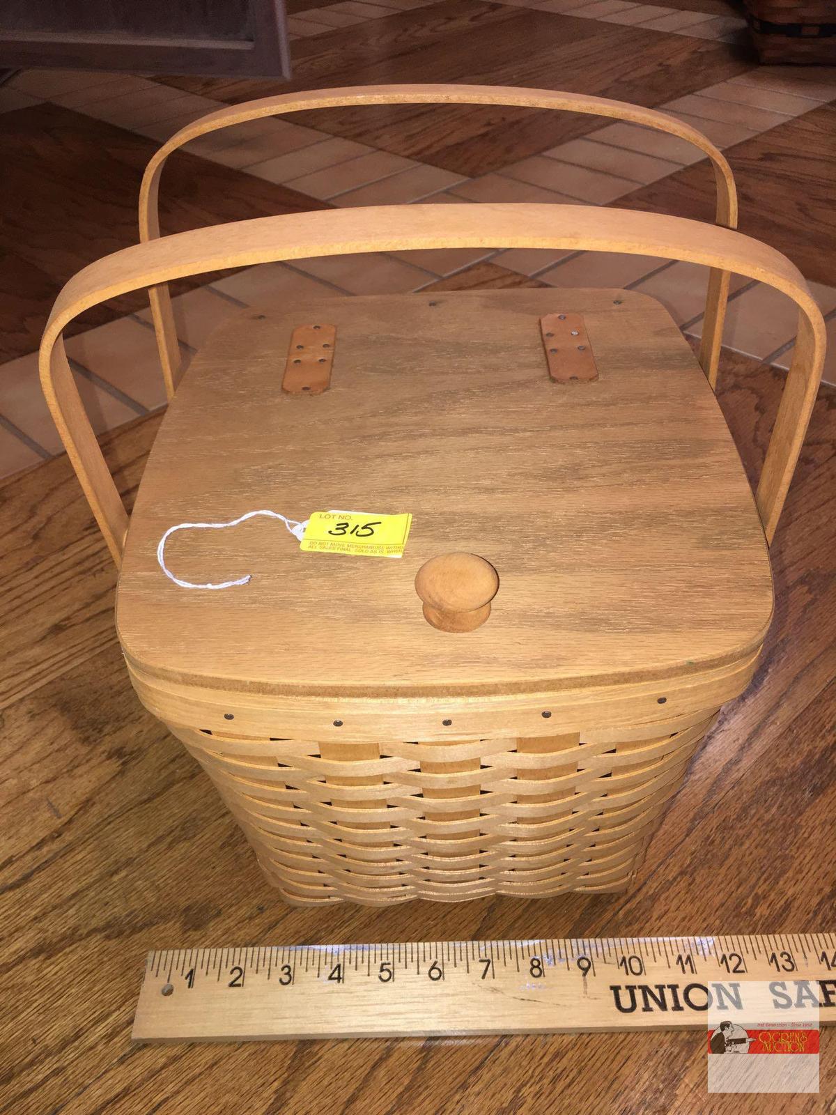 Longaberger Baskets - Handwoven, Dresden, Ohio, USA 1993 signed double handled lift top, plastic