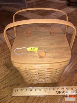 Longaberger Baskets - Handwoven, Dresden, Ohio, USA 1993 signed double handled lift top, plastic