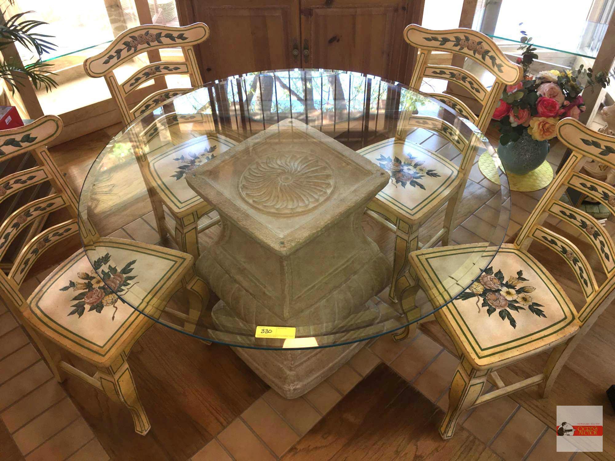 Table & 4 Chairs - 48" beveled glass top, lg. pedestal table w/ 4 floral accented wood side chairs