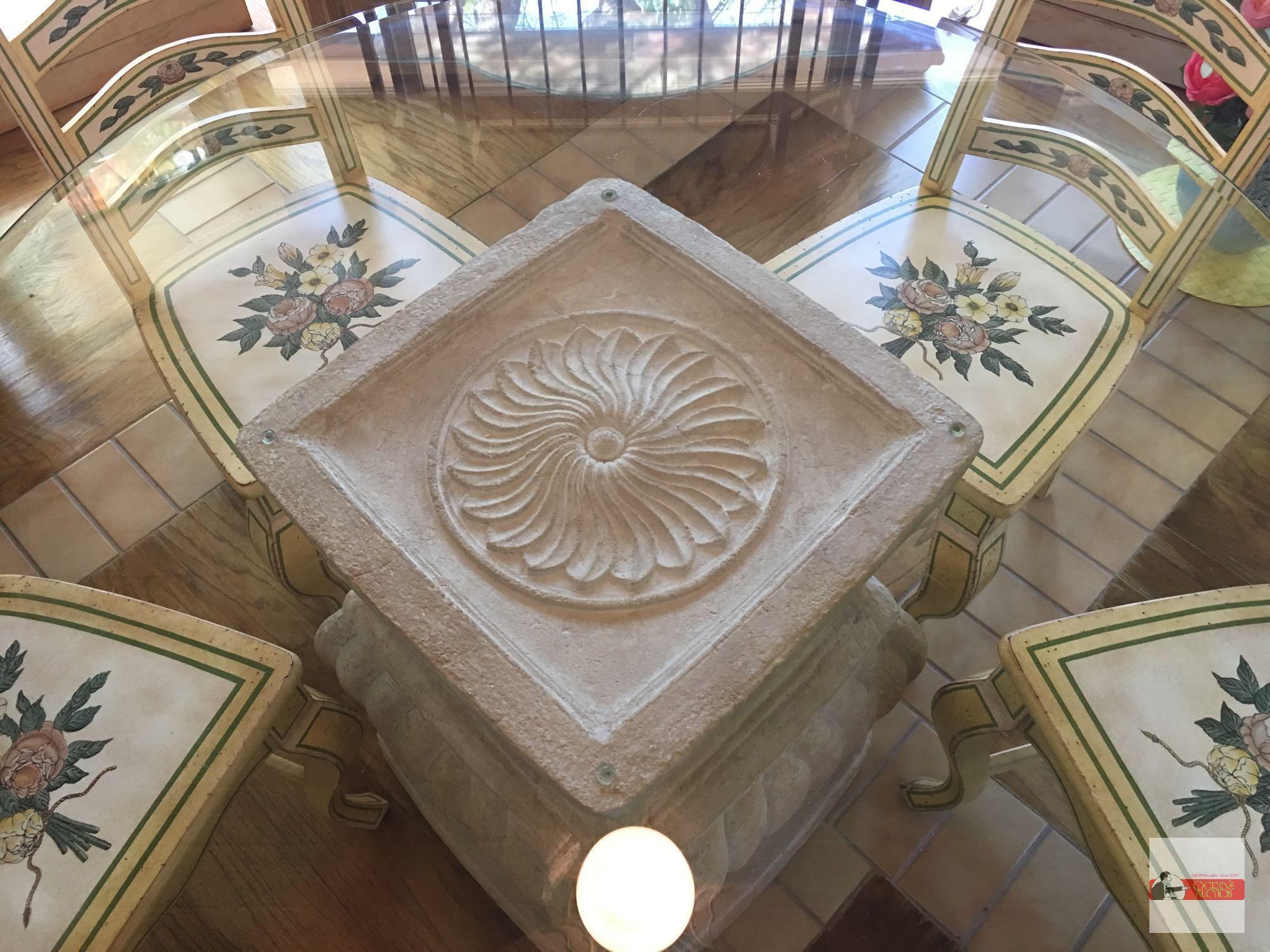 Table & 4 Chairs - 48" beveled glass top, lg. pedestal table w/ 4 floral accented wood side chairs