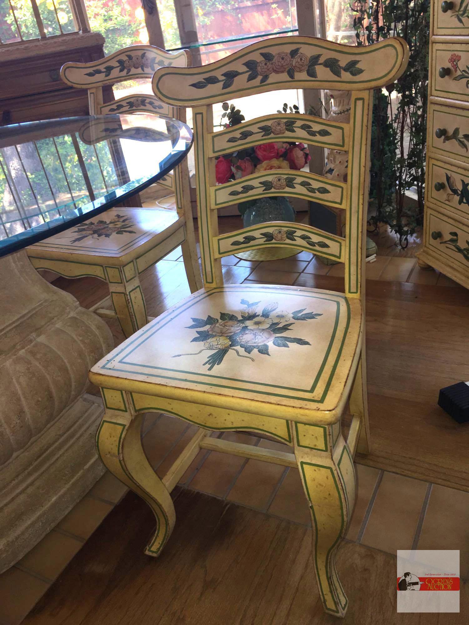 Table & 4 Chairs - 48" beveled glass top, lg. pedestal table w/ 4 floral accented wood side chairs