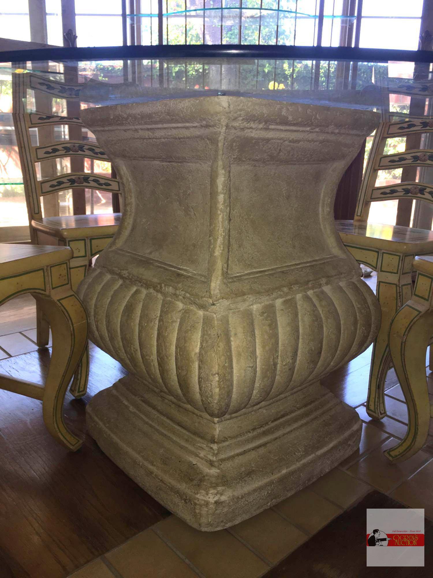 Table & 4 Chairs - 48" beveled glass top, lg. pedestal table w/ 4 floral accented wood side chairs