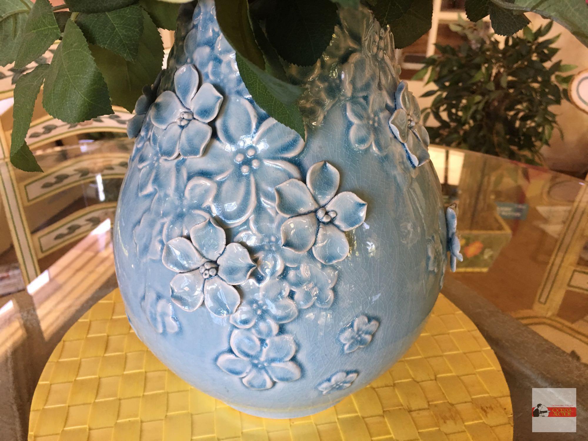 Vase - Beautiful relief blue vase 11"h with artificial roses 22"h