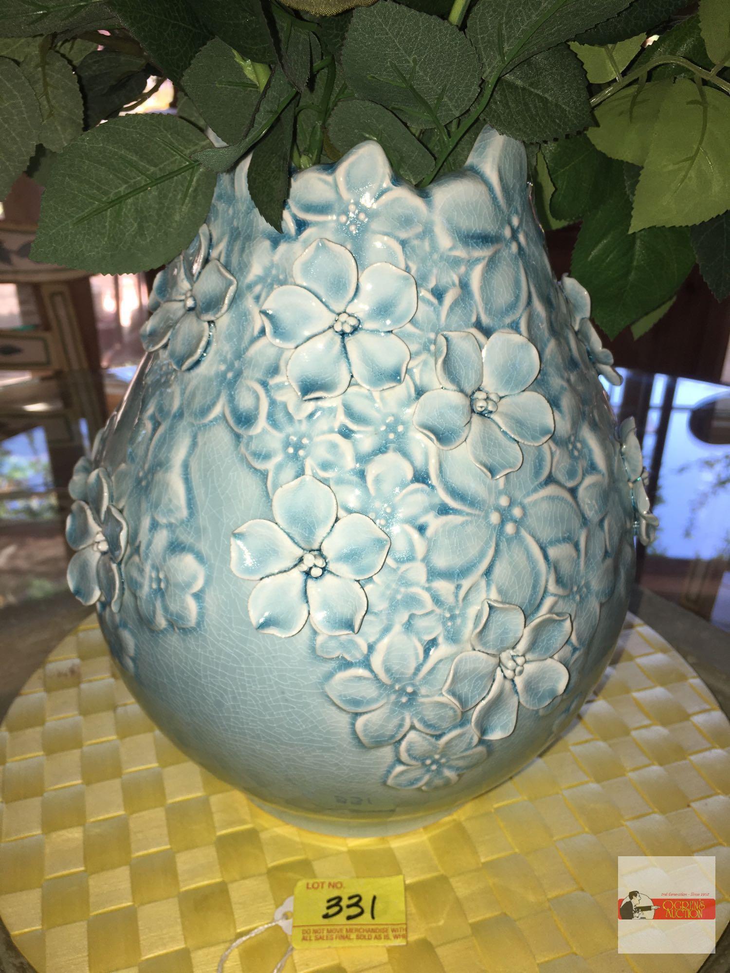 Vase - Beautiful relief blue vase 11"h with artificial roses 22"h