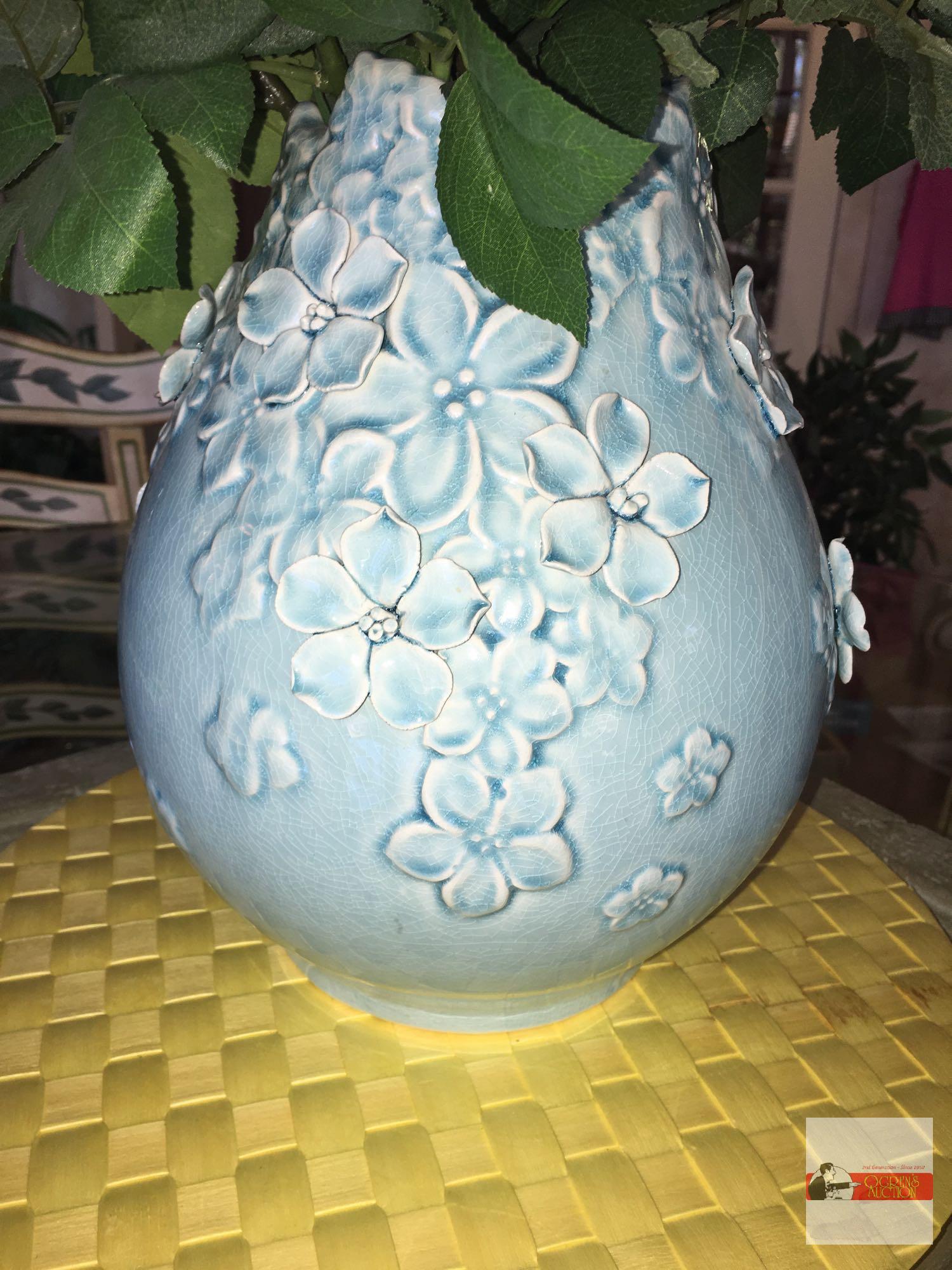 Vase - Beautiful relief blue vase 11"h with artificial roses 22"h