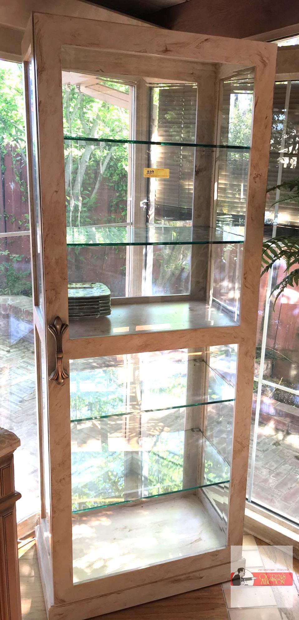 Lg. Display cabinet, all beveled glass, 4 adjustable glass shelves, soft closure door, 30"wx19"dx81"