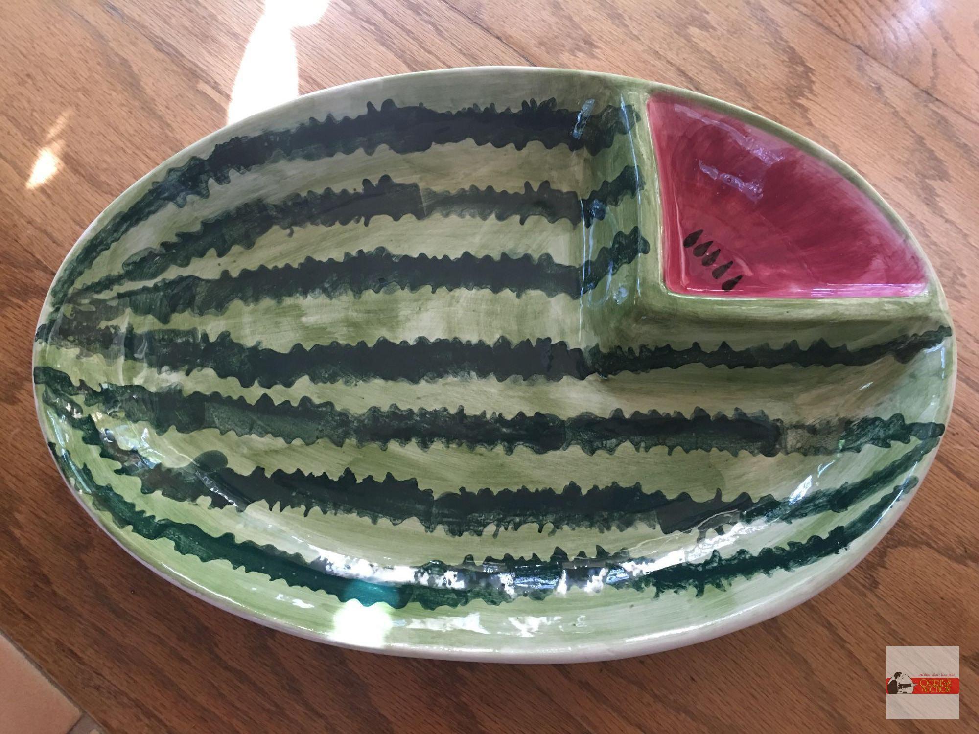 Watermelon dishes - 2 - basket 12"wx9.5"w & divided platter 15.5"wx10.25'w