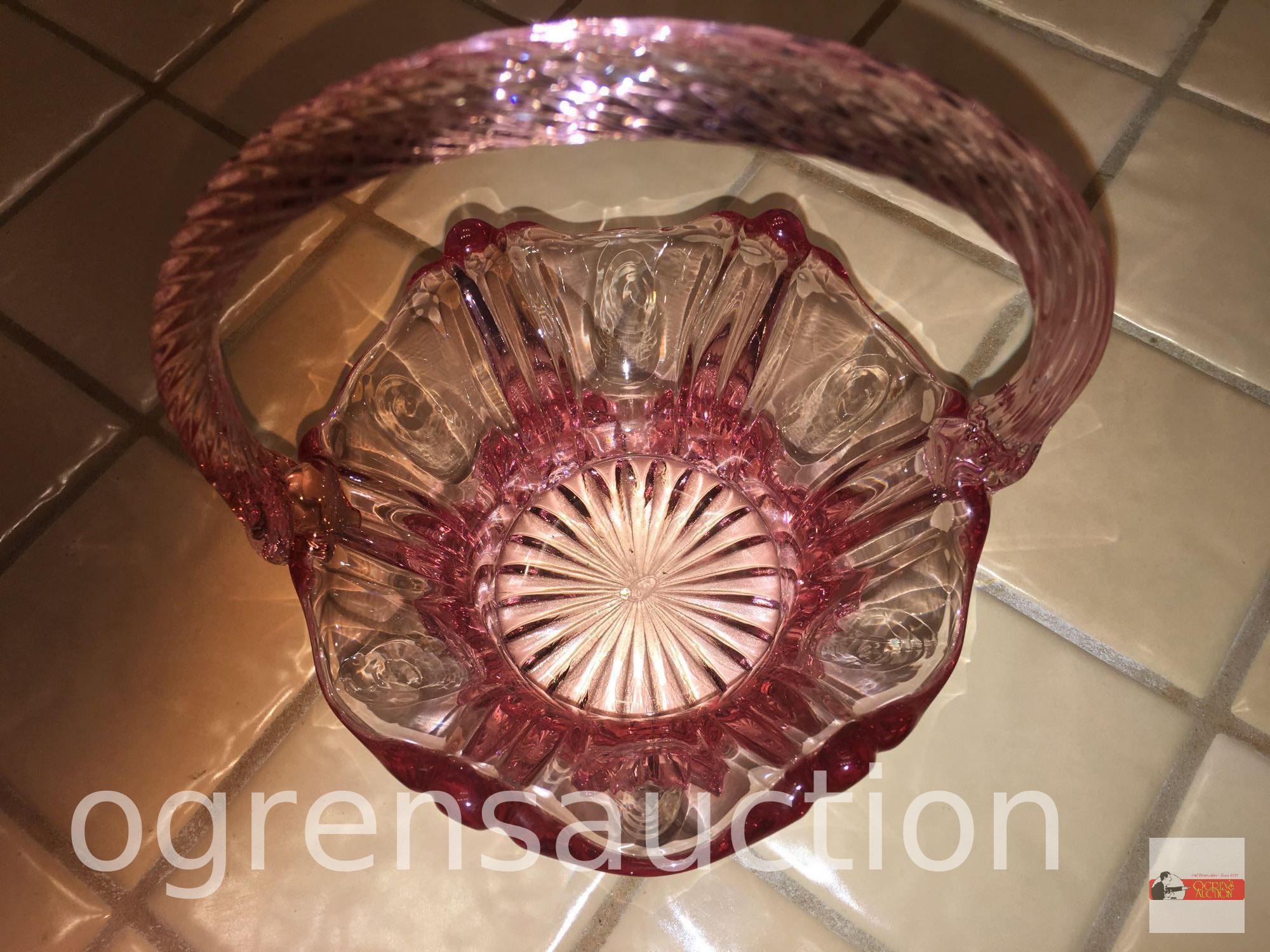 Glassware - Fenton Pink glass, handled basket, marked