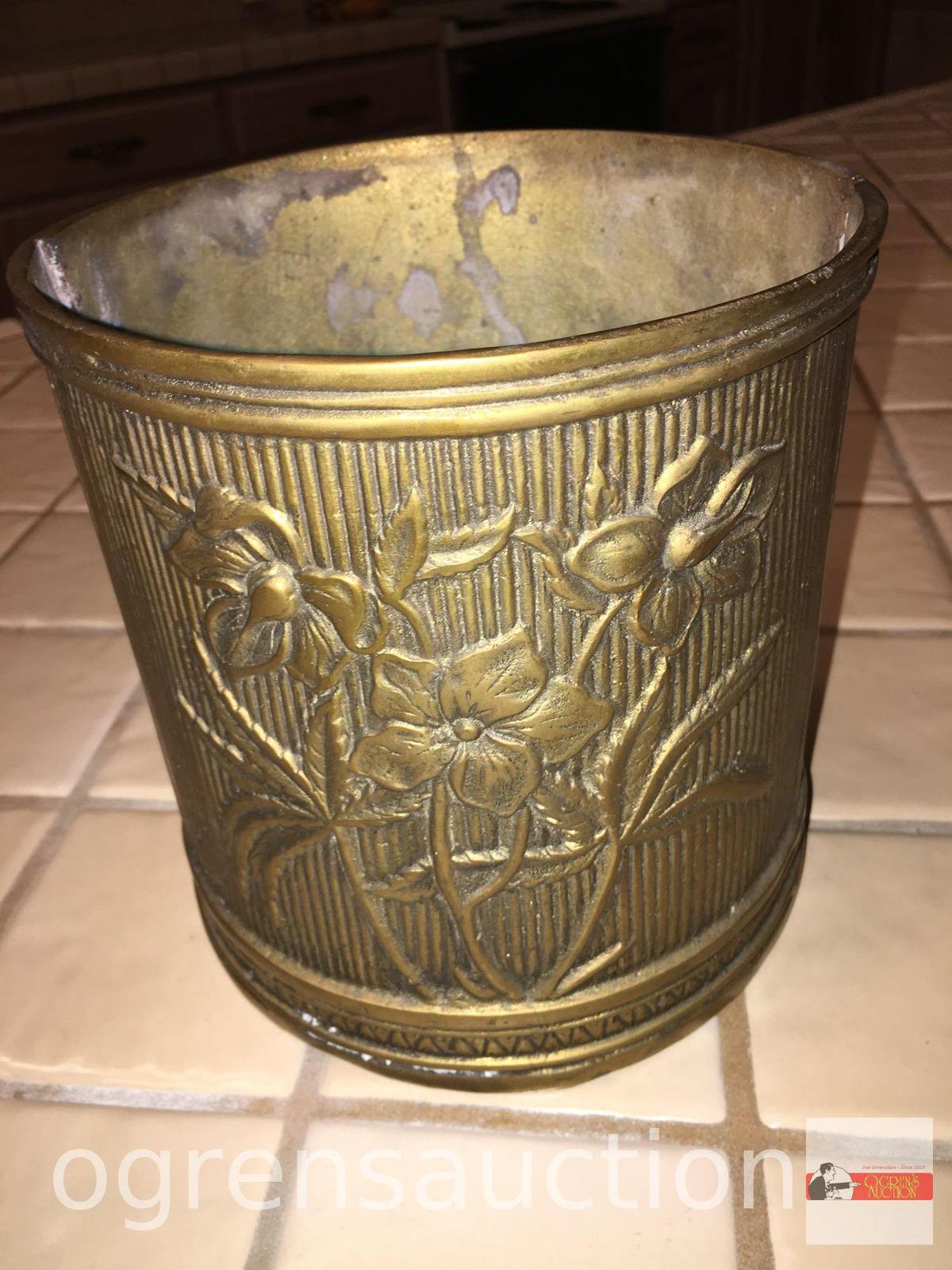 Solid brass floral embossed decor accent bucket, 7"wx7"h