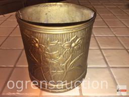 Solid brass floral embossed decor accent bucket, 7"wx7"h
