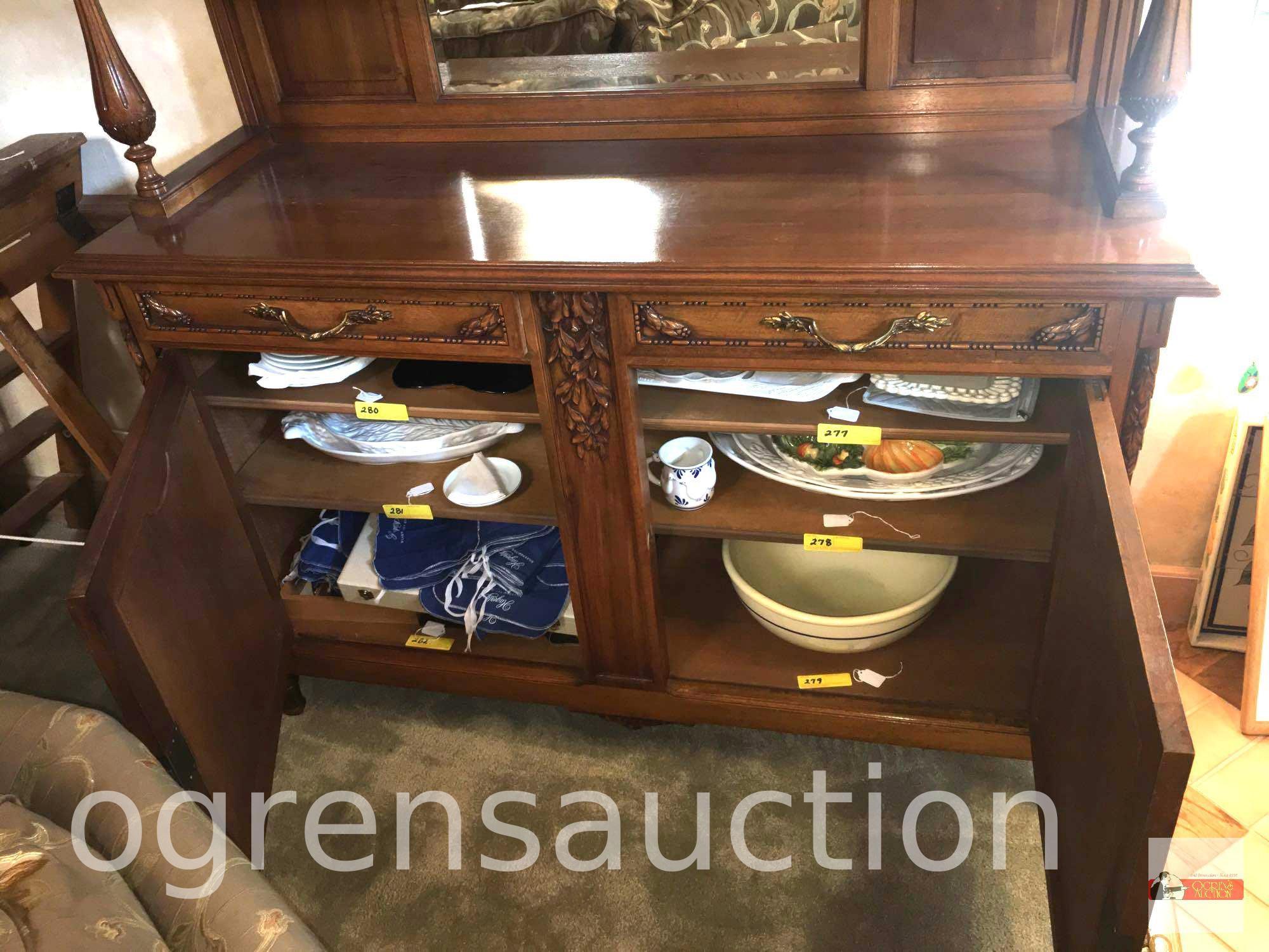 Furniture - Vintage buffet/china cabinet, mirrored backsplash, 3 door top, 3 drawer, 3 door base