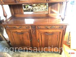 Furniture - Vintage buffet/china cabinet, mirrored backsplash, 3 door top, 3 drawer, 3 door base