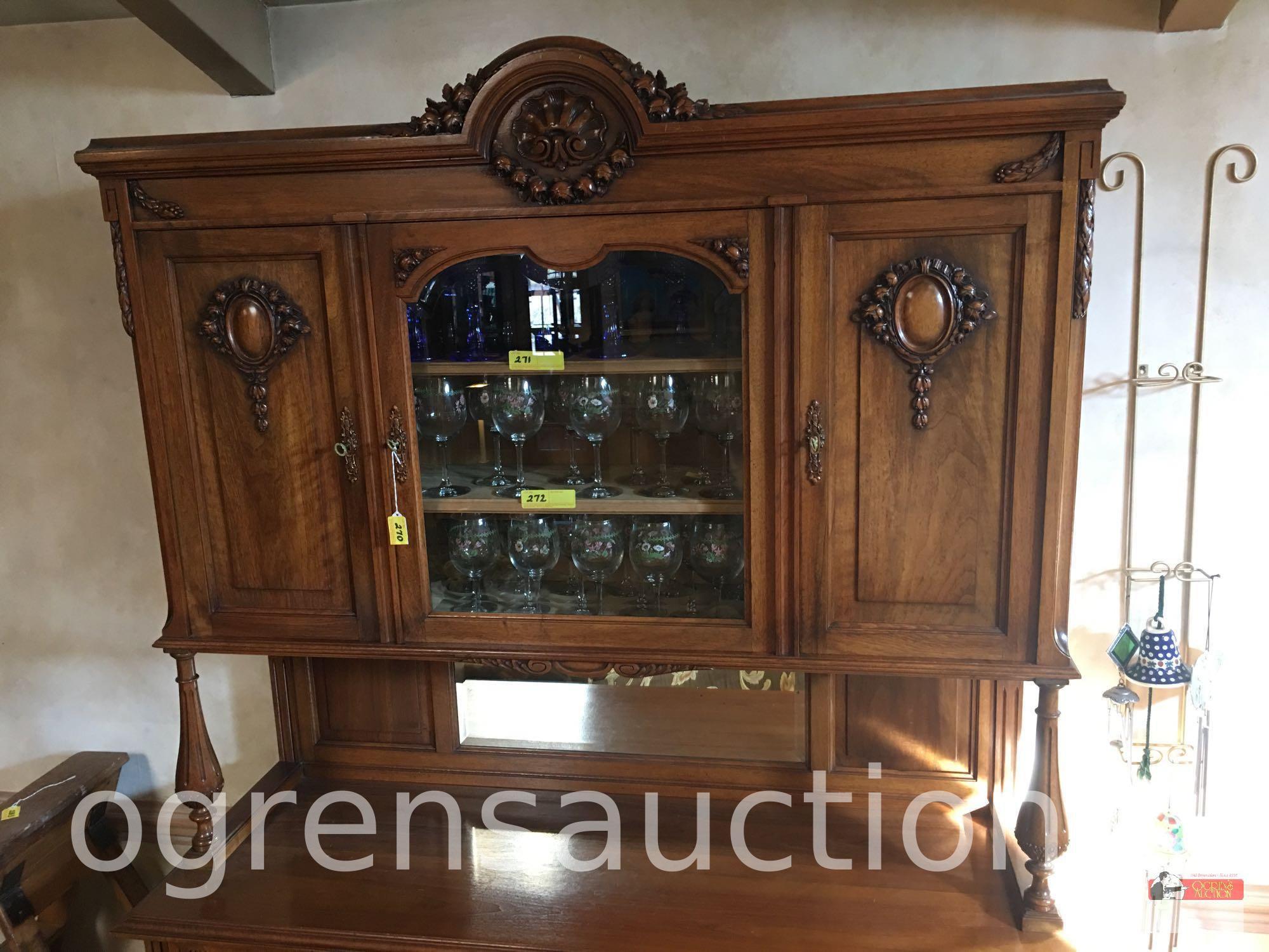 Furniture - Vintage buffet/china cabinet, mirrored backsplash, 3 door top, 3 drawer, 3 door base