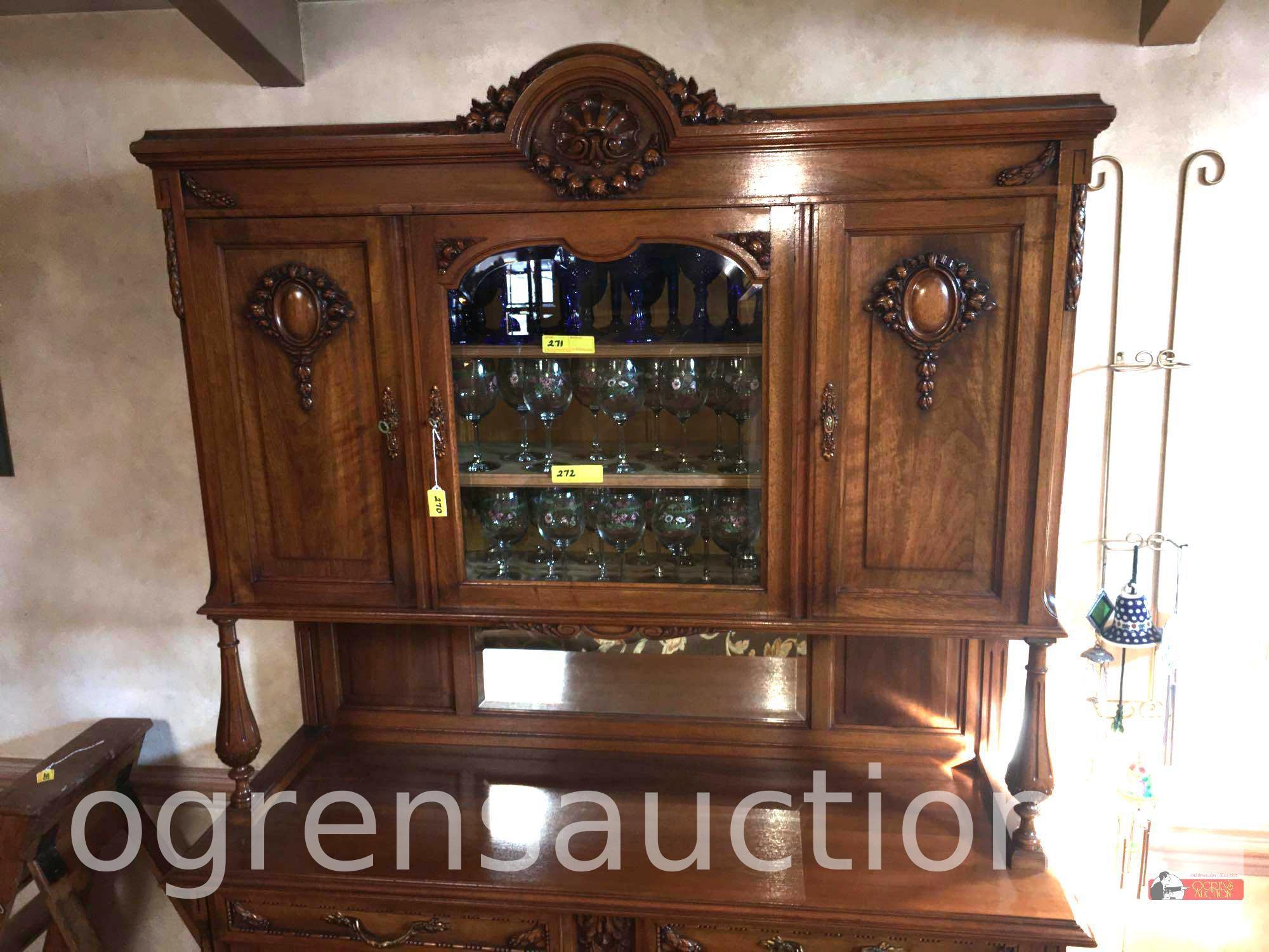 Furniture - Vintage buffet/china cabinet, mirrored backsplash, 3 door top, 3 drawer, 3 door base