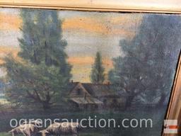 Artwork - vintage oil painting, grazing sheep