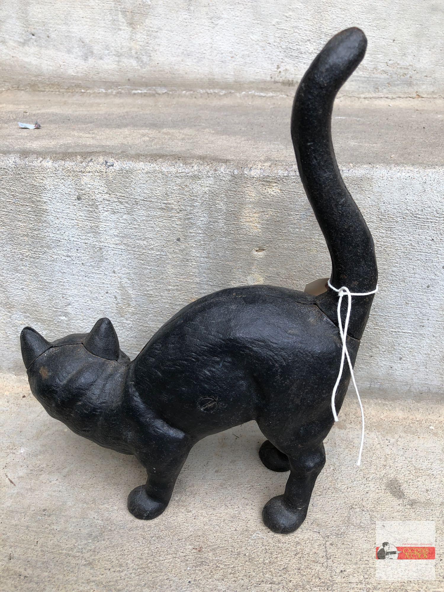 Yard & Garden - 3 items, cast iron black cat 8"wx11"h, cement kitty 6.5"x4", cast iron beetle 2"x4"