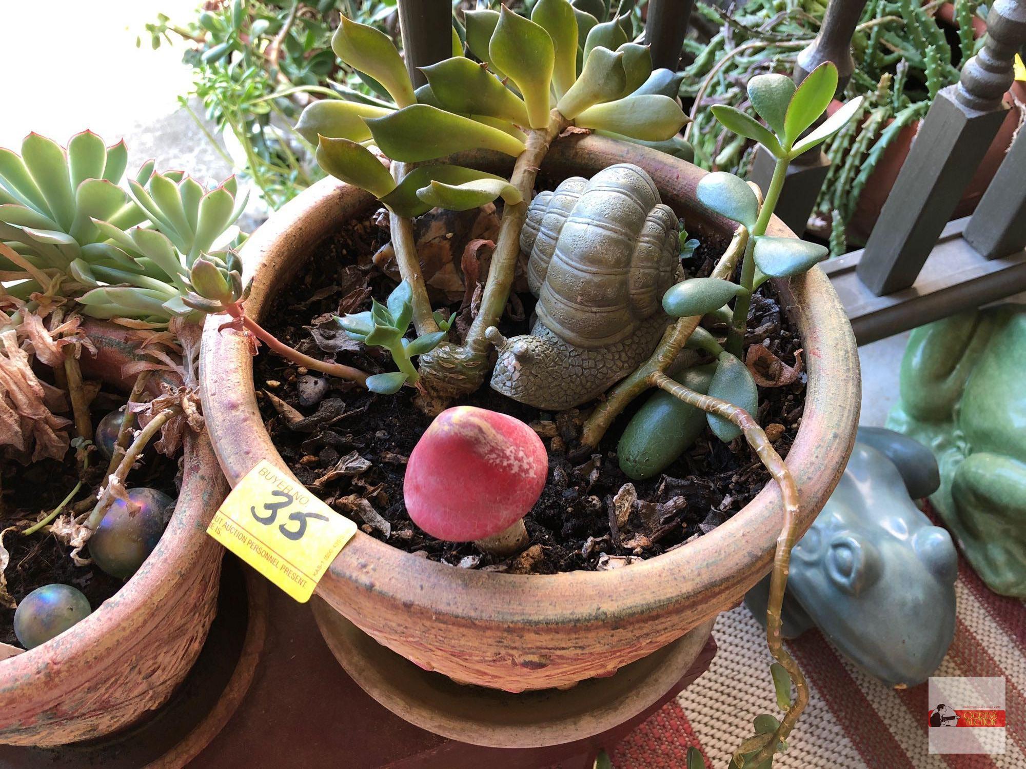 Yard & Garden - 2 potted decor planters w/succulents, resin snail, red bench