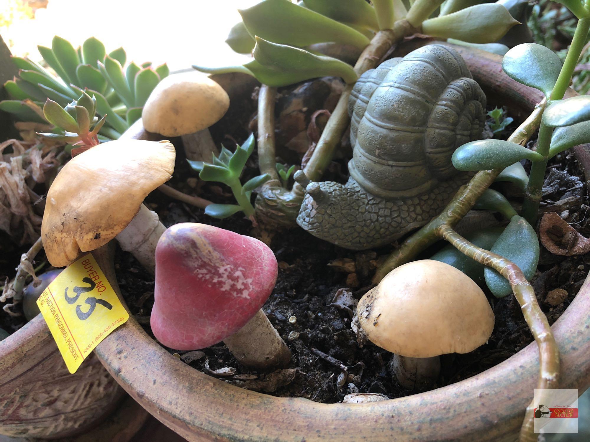 Yard & Garden - 2 potted decor planters w/succulents, resin snail, red bench