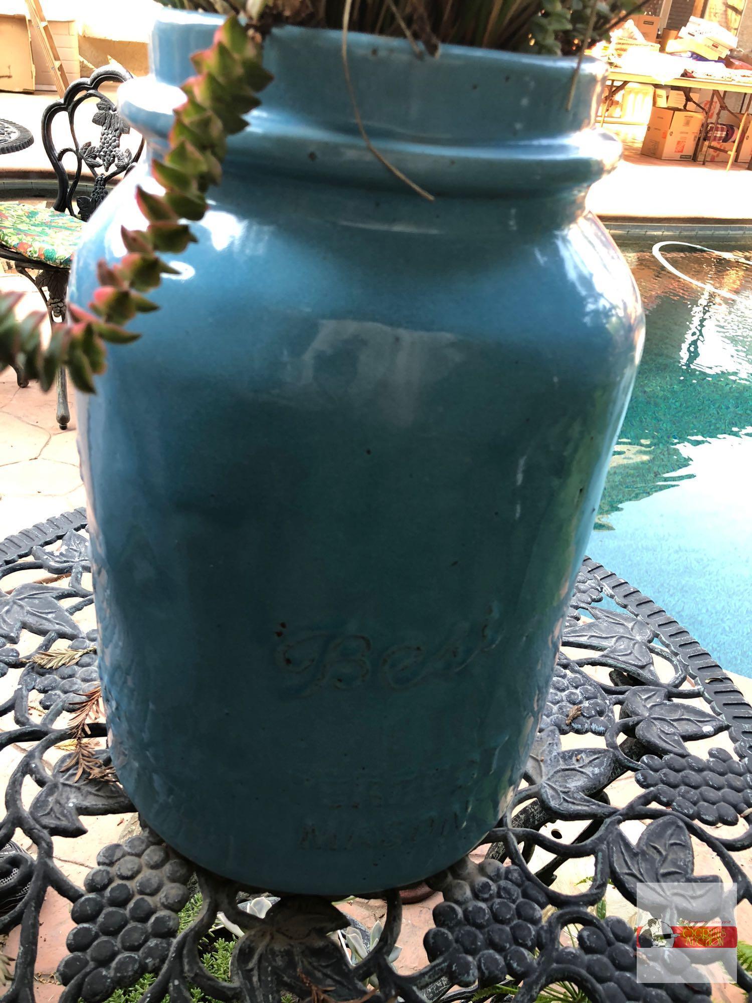 Yard & Garden - Lg. blue Perfect Mason pottery crock, potted wheat grass, 16.5"hx11"w (43"h)