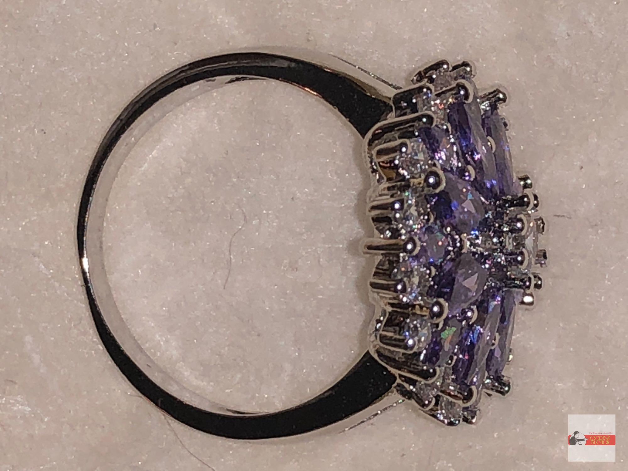 Jewelry - ring, lg. cocktail ring sz. 8, purple/clear stones