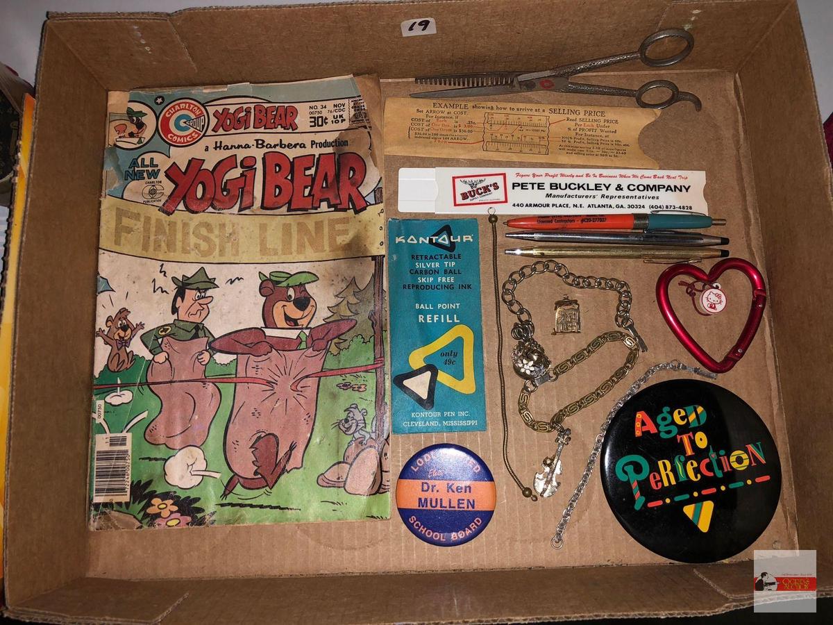 Collectibles - vintage Yogi Bear comic book, bracelets, vintage salon scissors, pens, ad buttons etc