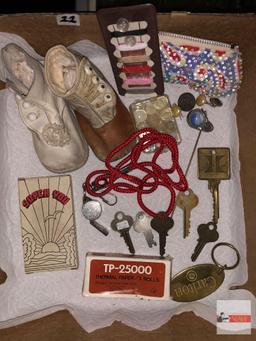 Collectibles - vintage button up baby shoes, keys, whistle etc.