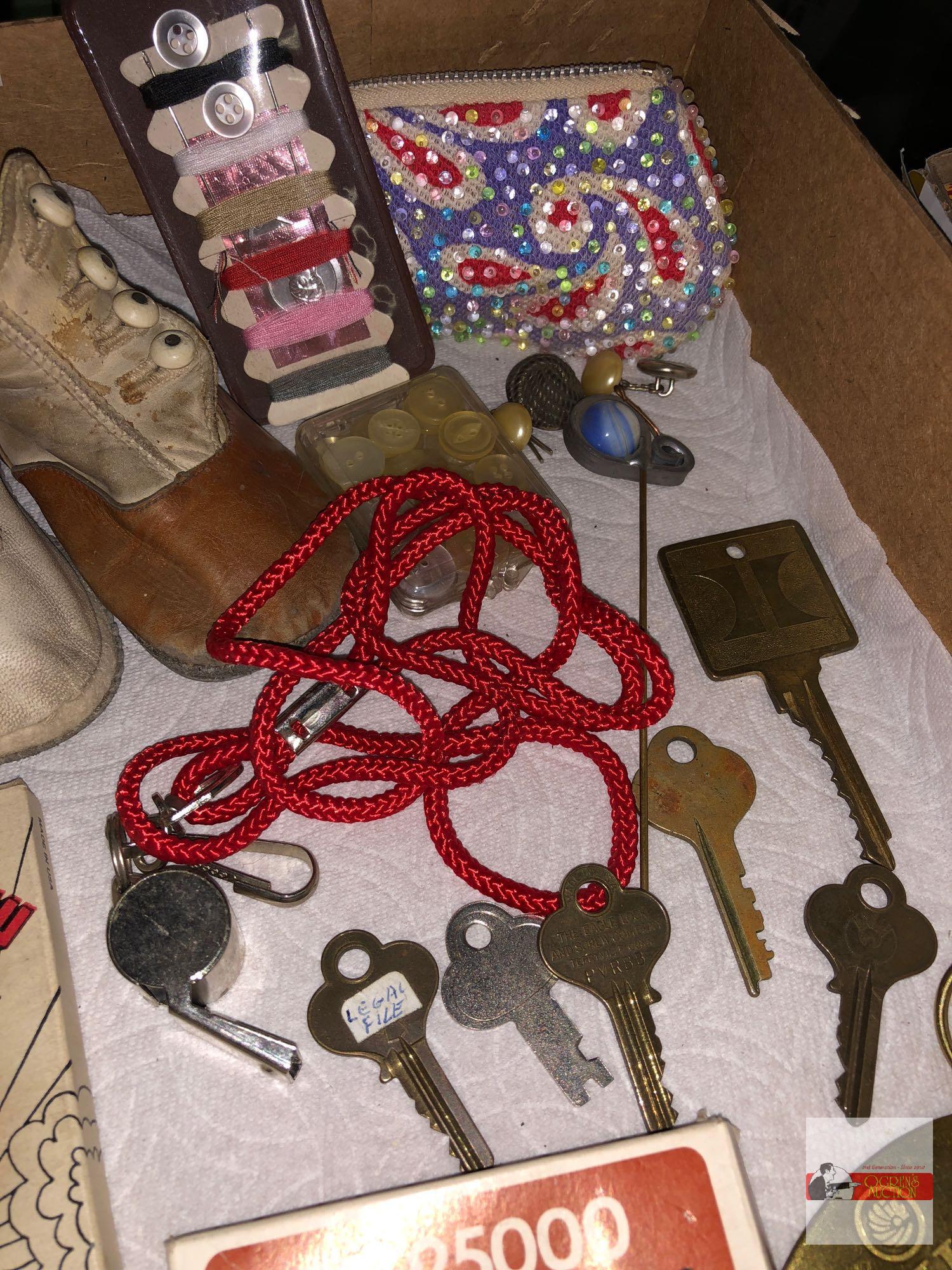 Collectibles - vintage button up baby shoes, keys, whistle etc.