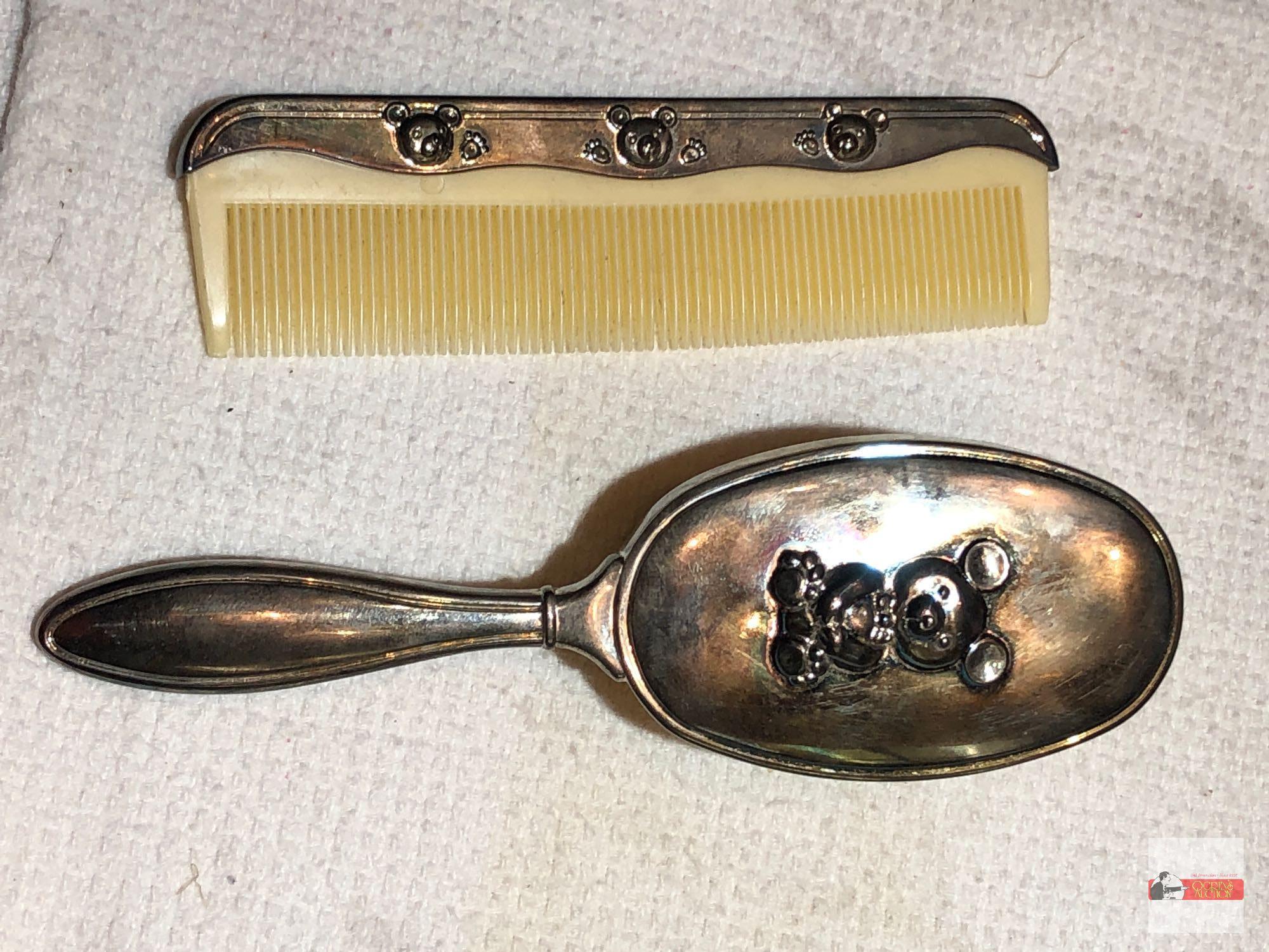 Baby items - silver plated brush & matching comb, bears motif