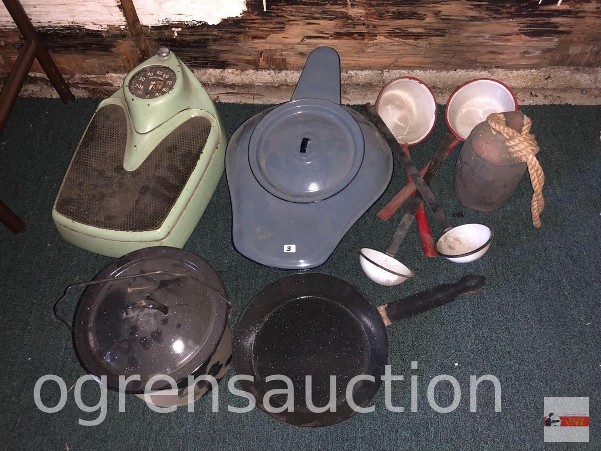 Granite ware bed pan, dishes, vintage scale (heavy) etc.