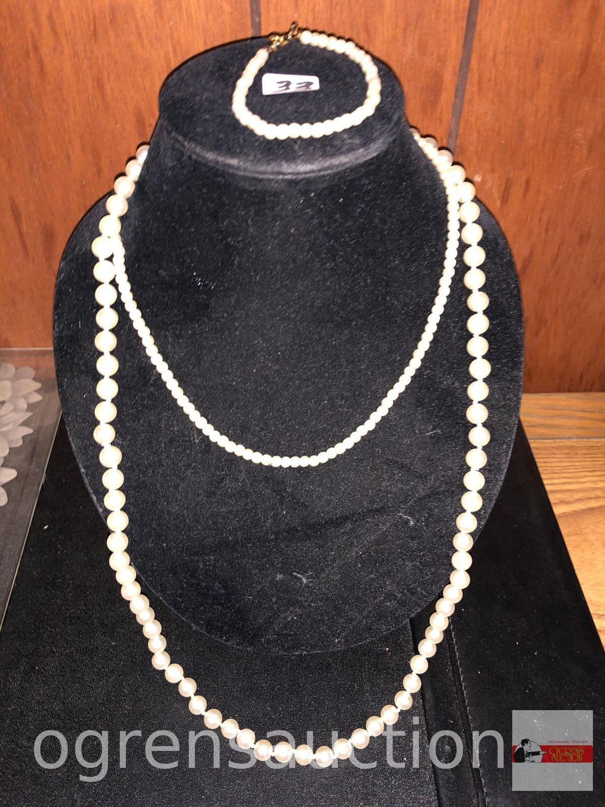 Jewelry - Simulated pearls, 1 hand tied and Knotted, 1 small with matching bracelet