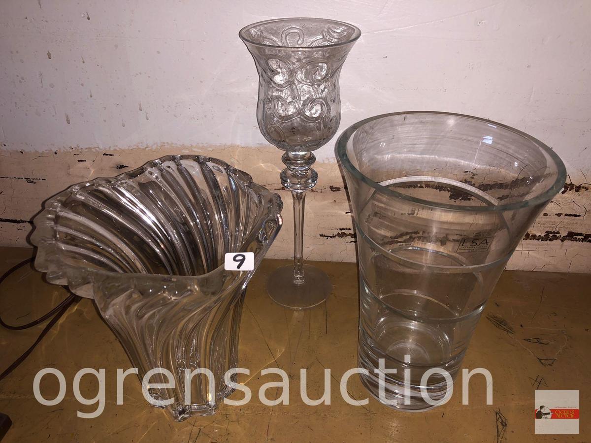 Glassware - 3 - 2 lg. vases and 1 candle glass