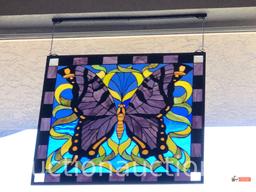 Stained Glass Panel - Lg. square Butterfly motif stained glass panel