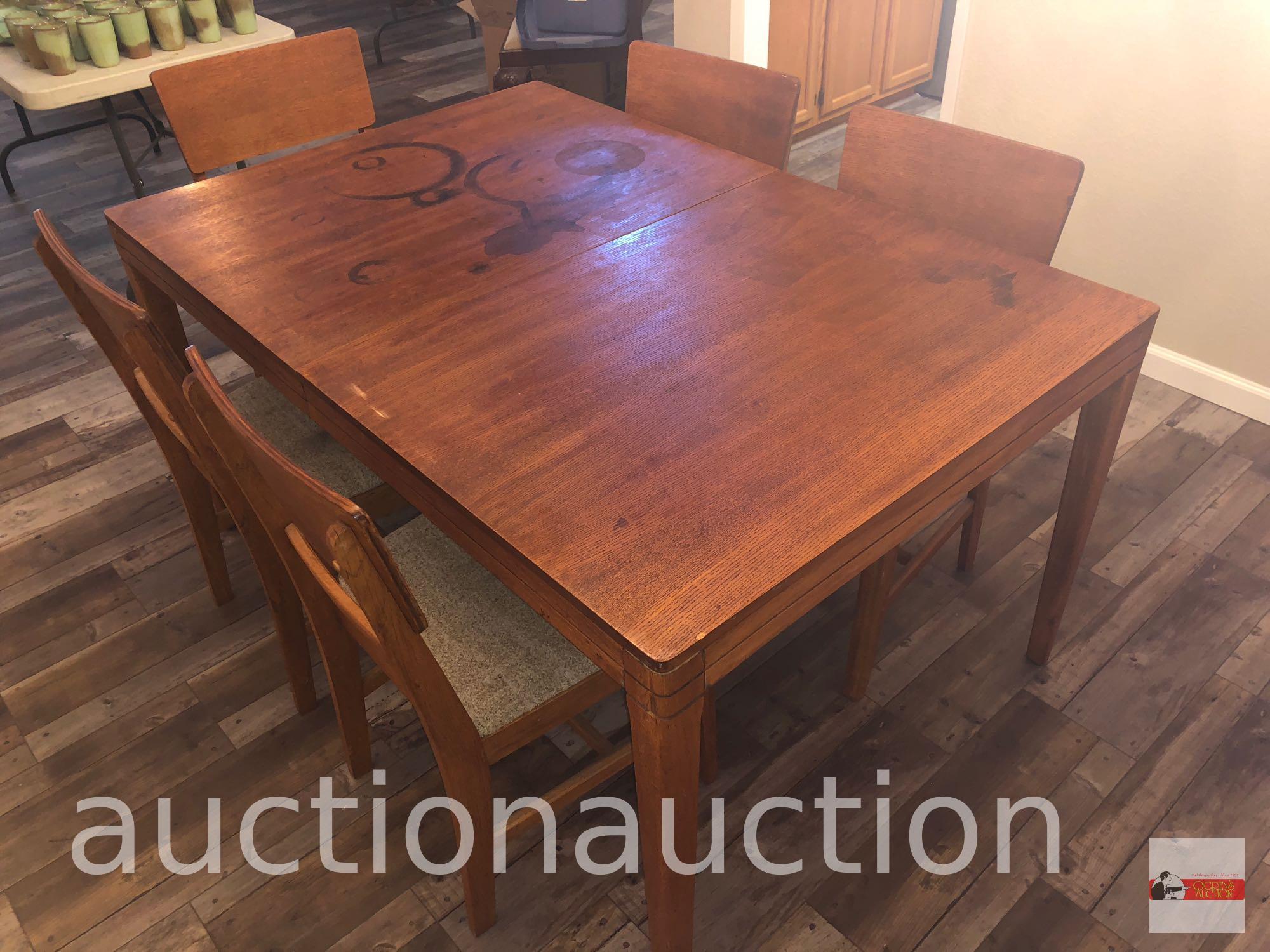 Furniture - Table and 5 upholstered seated chairs, 4 side, 1 captains, (table top stained), 40"X60"