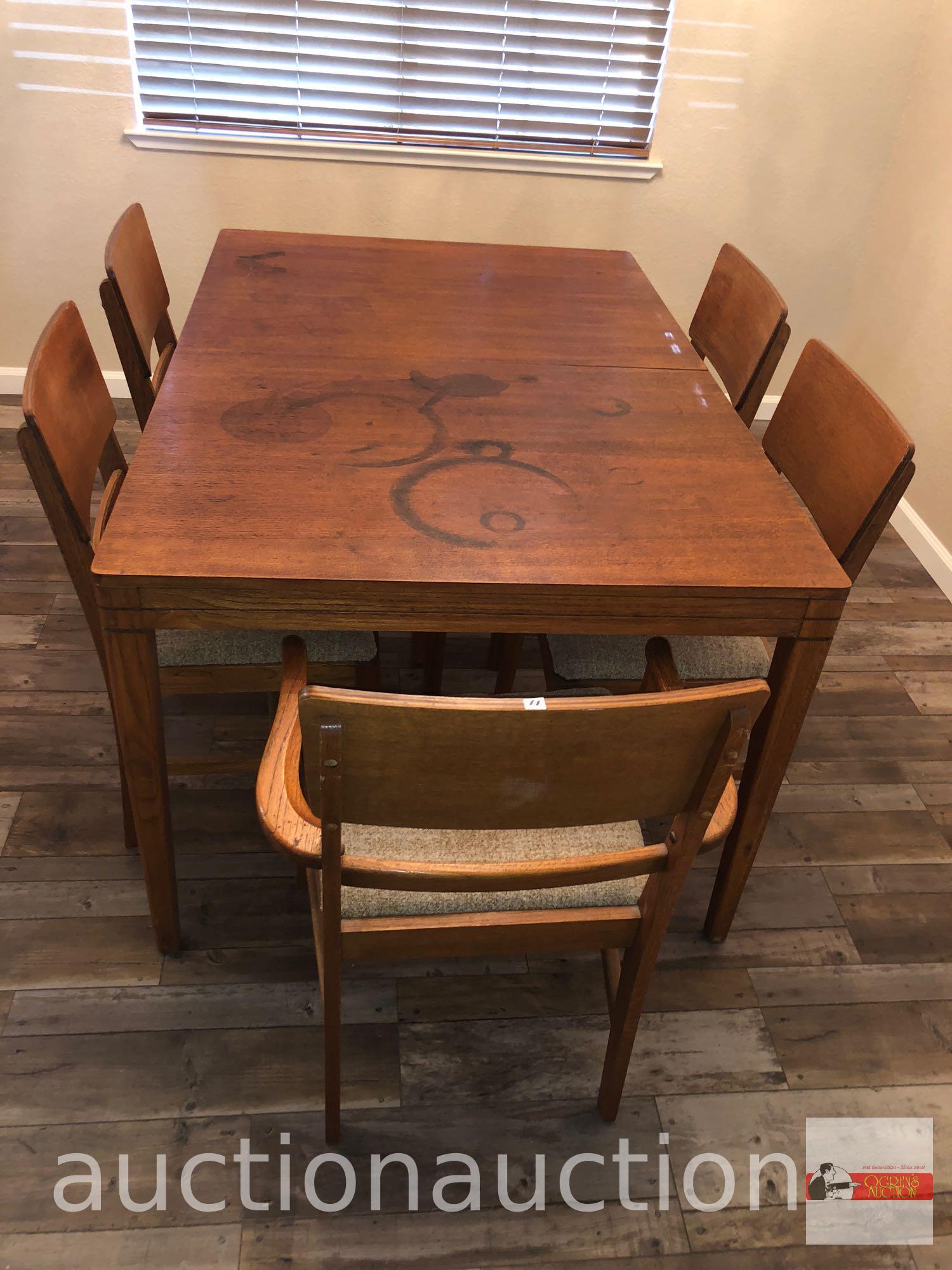 Furniture - Table and 5 upholstered seated chairs, 4 side, 1 captains, (table top stained), 40"X60"