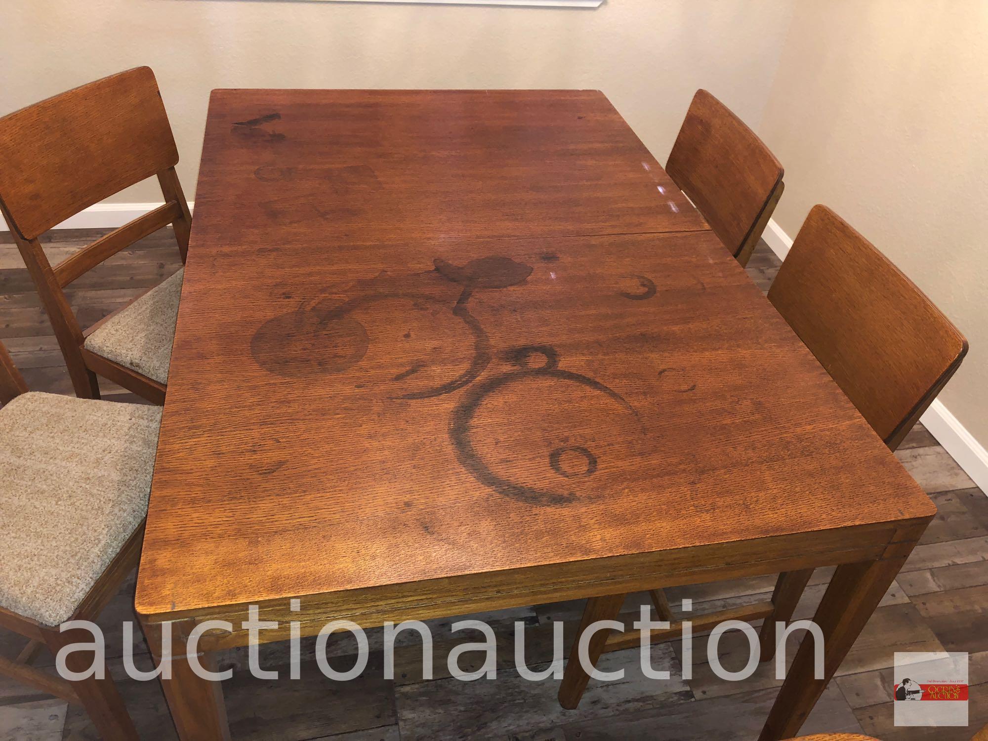 Furniture - Table and 5 upholstered seated chairs, 4 side, 1 captains, (table top stained), 40"X60"