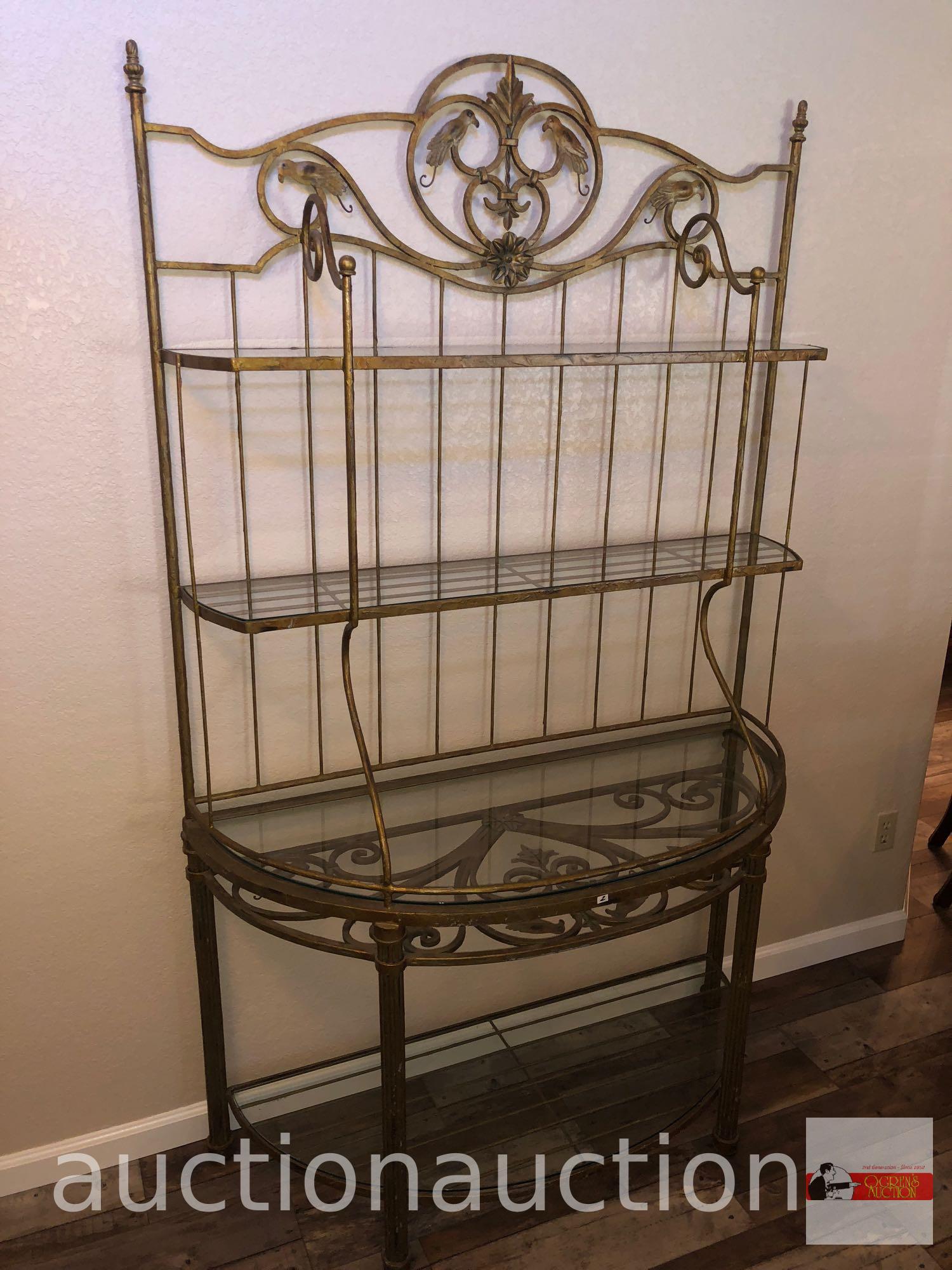 Furniture - Lg. iron baker's rack, 4 glass shelves, 49.5"wx20.5"dx82"h