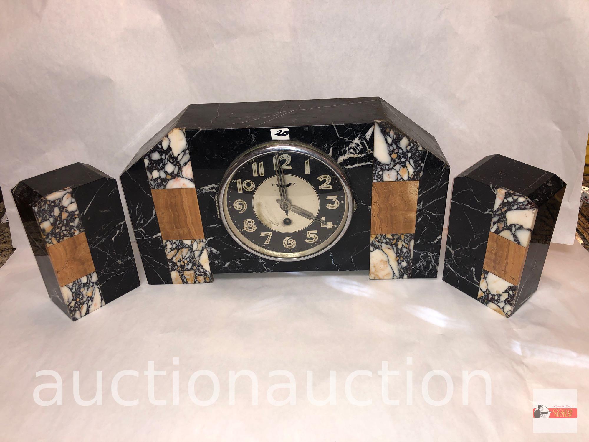 Art Deco marble mantle clock 15"wx3.5"dx8.5"h with 2 matching bookends, 3.75"wx2.5"dx6.5"h