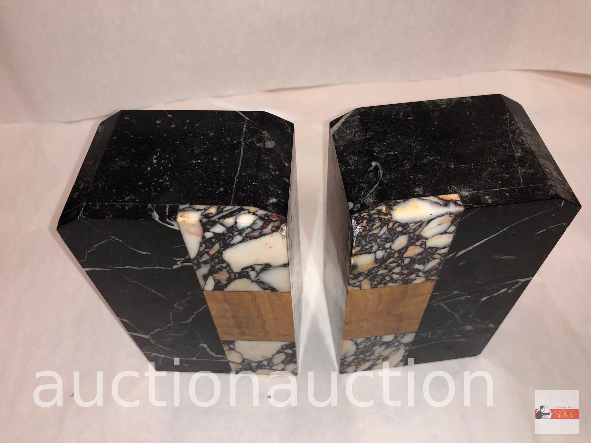 Art Deco marble mantle clock 15"wx3.5"dx8.5"h with 2 matching bookends, 3.75"wx2.5"dx6.5"h