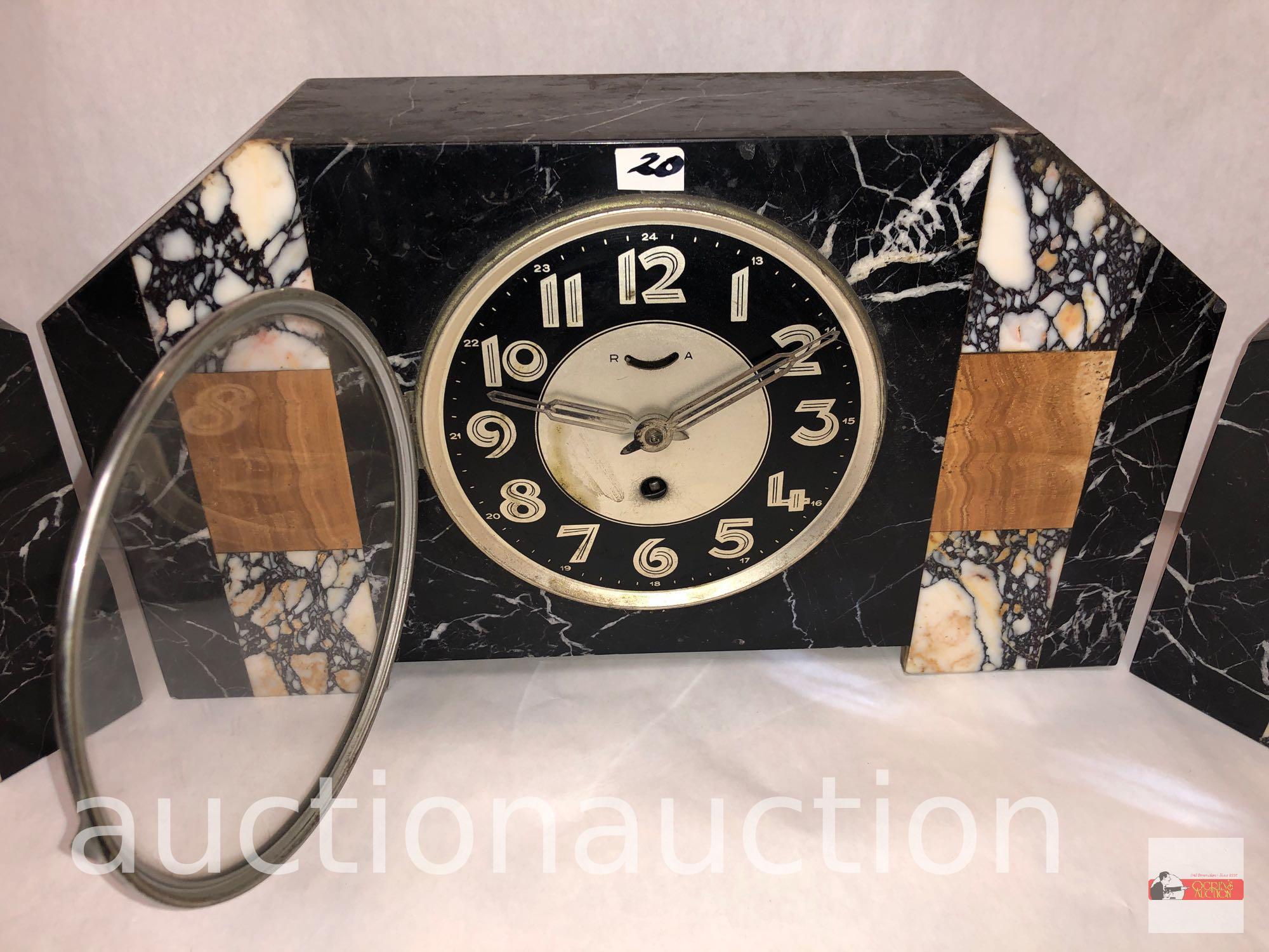 Art Deco marble mantle clock 15"wx3.5"dx8.5"h with 2 matching bookends, 3.75"wx2.5"dx6.5"h