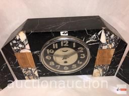 Art Deco marble mantle clock 15"wx3.5"dx8.5"h with 2 matching bookends, 3.75"wx2.5"dx6.5"h