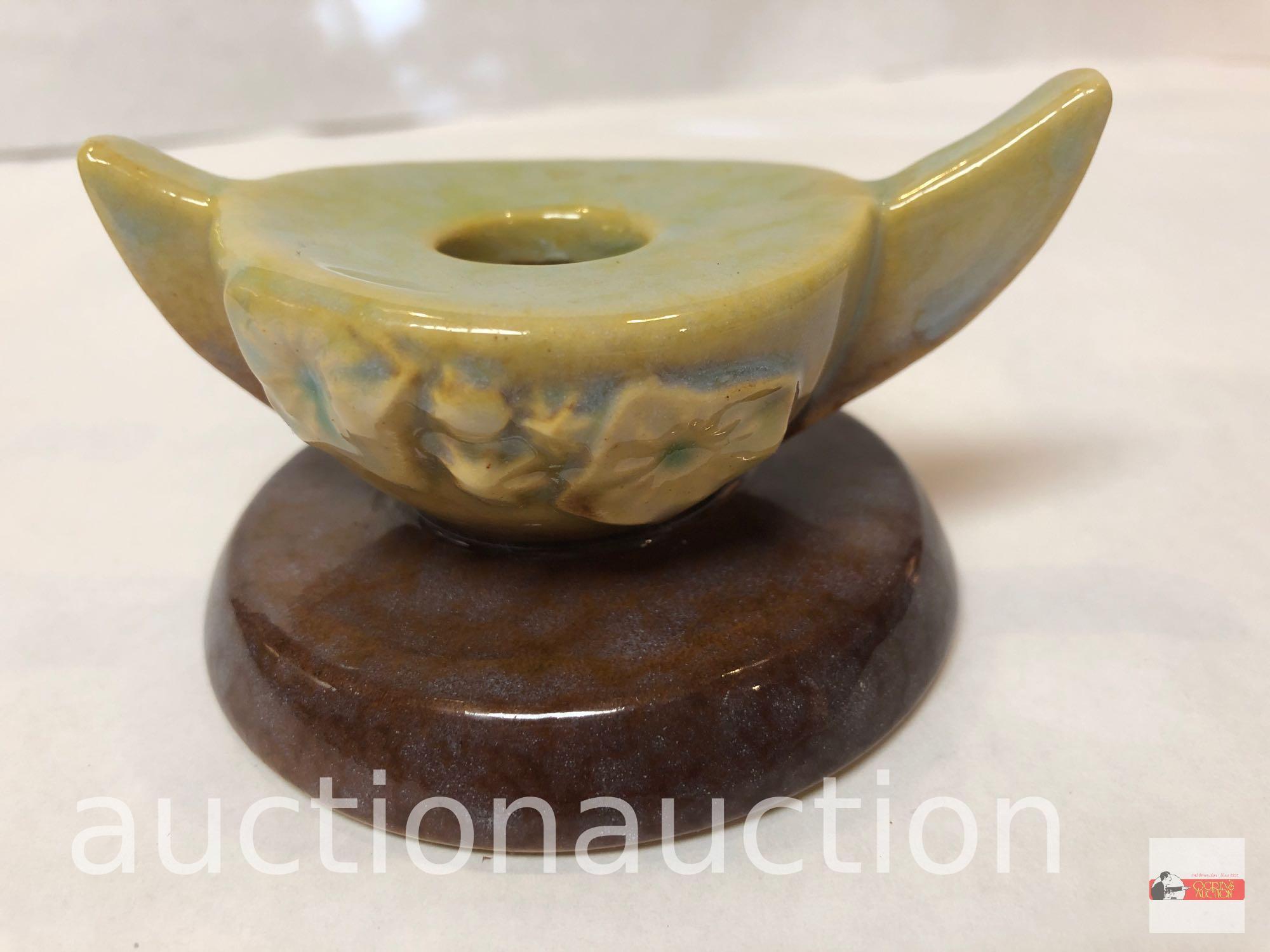 Roseville Pottery - 1948 Wincraft console bowl #227-10, Brown & pr. Wincraft brown candleholder #251