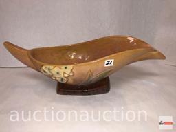 Roseville Pottery - 1948 Wincraft console bowl #227-10, Brown & pr. Wincraft brown candleholder #251