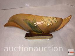 Roseville Pottery - 1948 Wincraft console bowl #227-10, Brown & pr. Wincraft brown candleholder #251