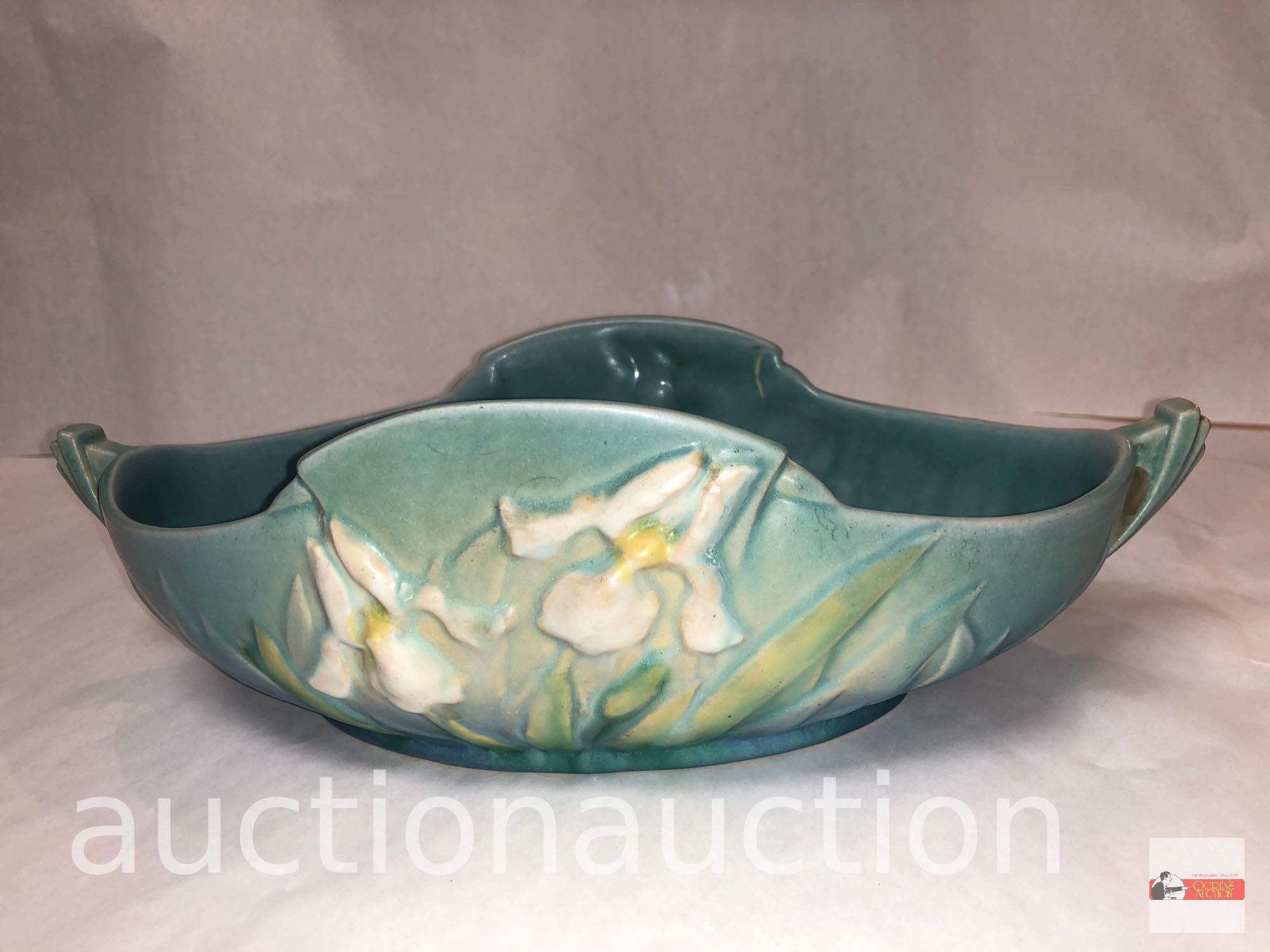 Roseville Pottery - 1939 Iris console bowl, #362-10, blue, 12.5"wx6.75"dx3.75"h