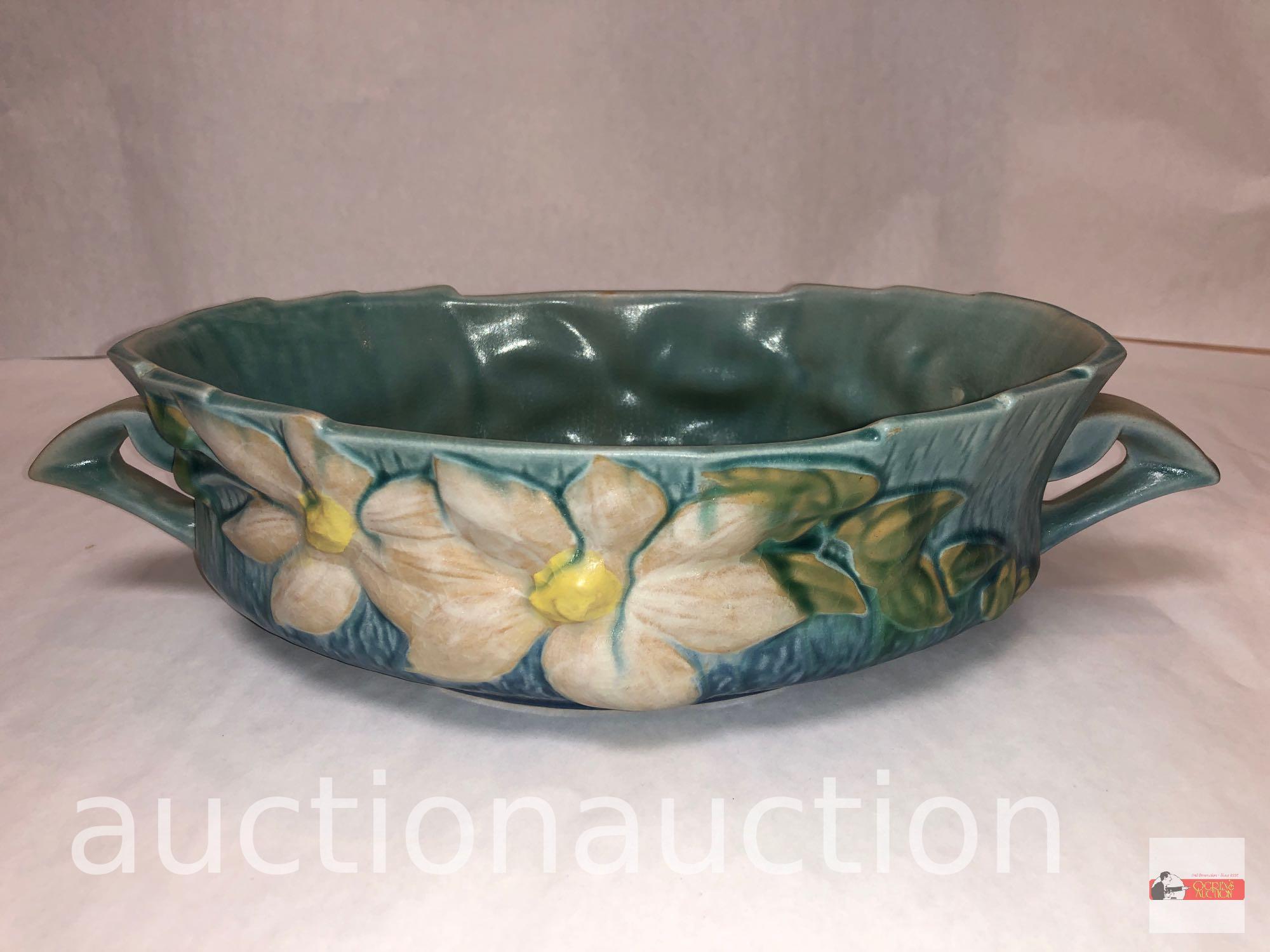 Roseville Pottery - 1944 Clematis console bowl, #458-10 blue, 14"wx7"dx3.5"h