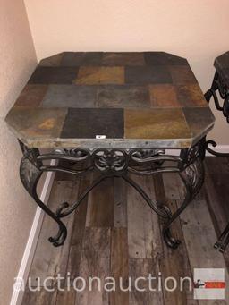 Furniture - Ashley World Class occasional collection, slate top iron end table, 26"wx26"wx28.5"h