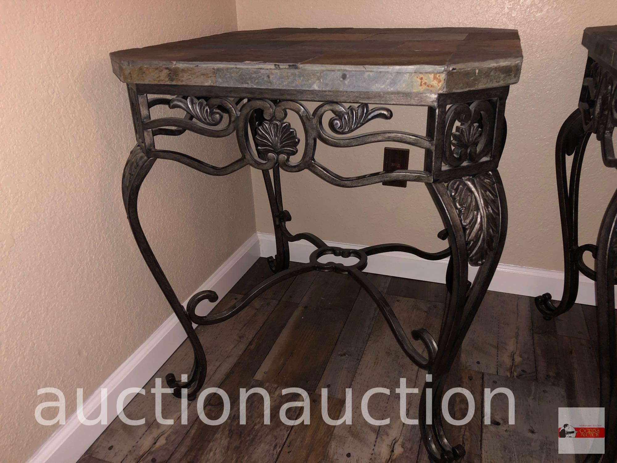 Furniture - Ashley World Class occasional collection, slate top iron end table, 26"wx26"wx28.5"h