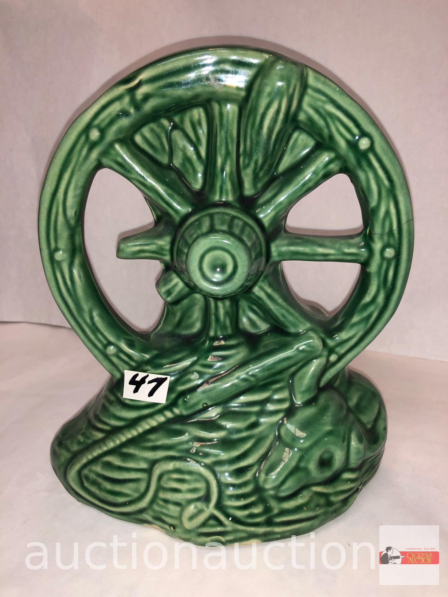 Pottery - wagon wheel green planter and yellow/brown vase